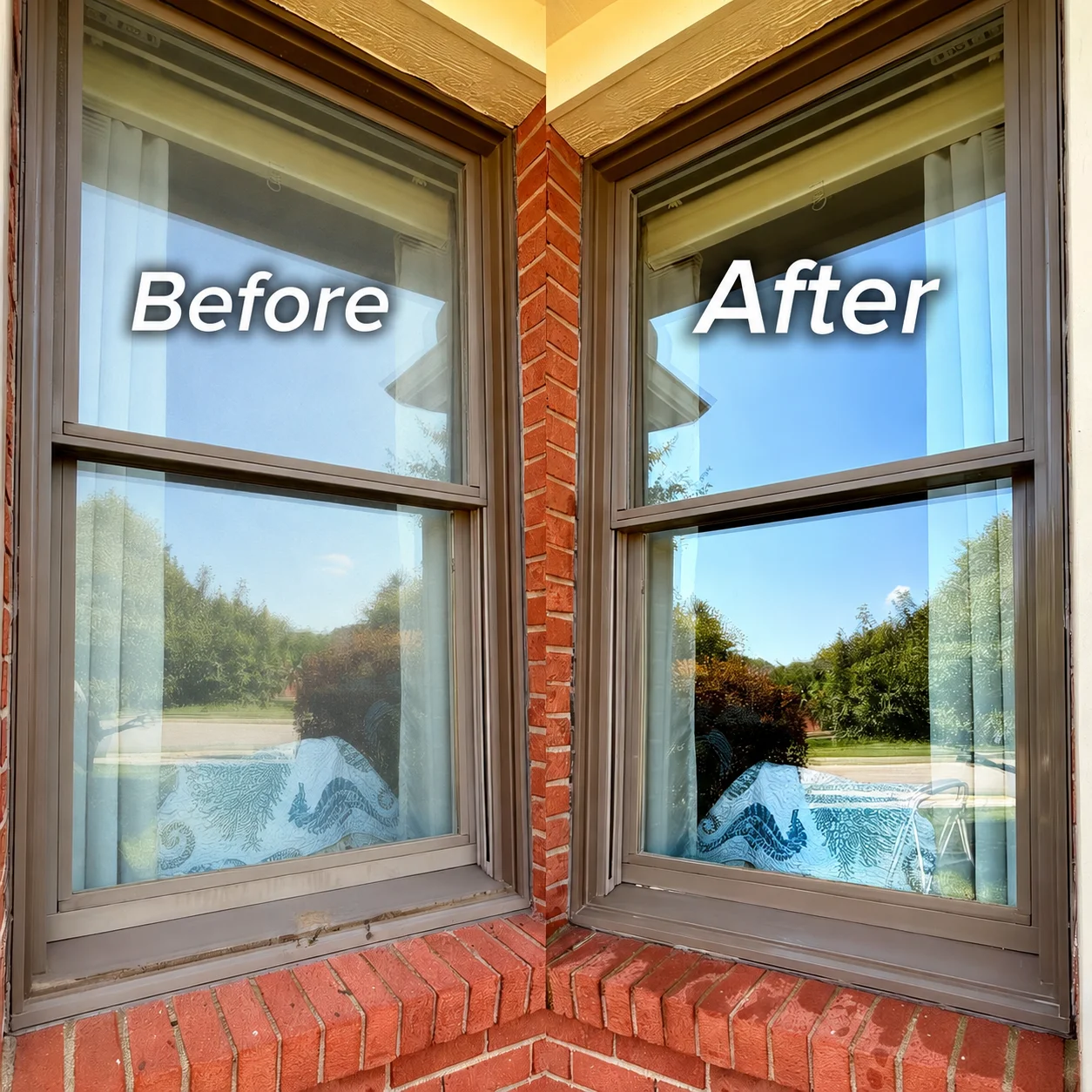 Side-by-side before and after comparison of residential windows cleaned in Middletown, Ohio